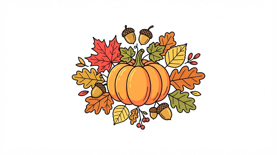 Simple line art with soft colors on a plain white background of autumn leaves, acorns and pumpkins, isolated single subject, centered, vivid colors, high contrast, energetic, 16:9 aspect ratio