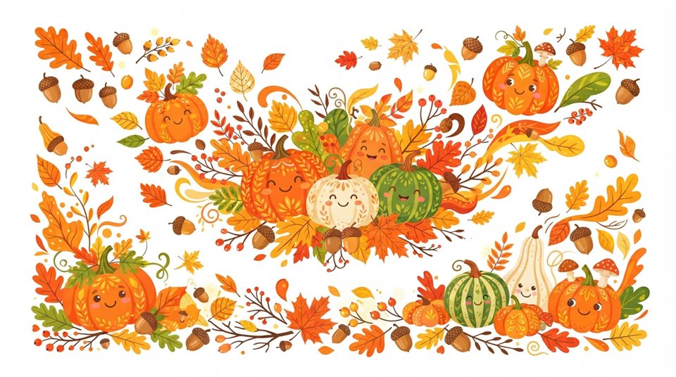 Flat vector illustration on a plain white background of autumn leaves, acorns and pumpkins, cheerful scene with gentle details, vivid colors, high contrast, energetic, 16:9 aspect ratio