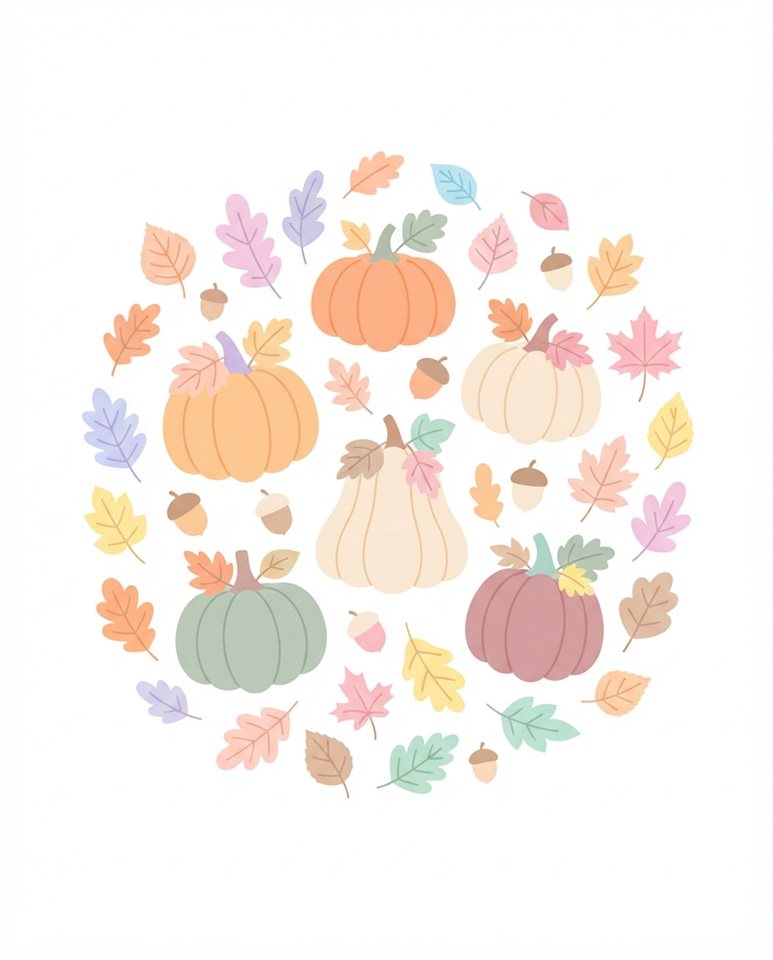 Flat vector illustration on a plain white background of autumn leaves, acorns and pumpkins, simple icon-like composition, soft pastel colors, bright and cozy, 4:5 aspect ratio