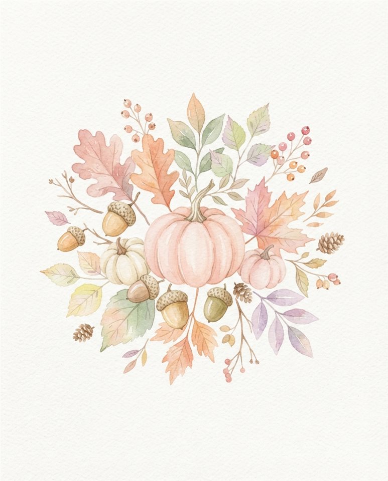 Ilustração em aquarela em um fundo branco simples de folhas de outono, bolotas e abóboras, pequeno conjunto de vários itens dispostos ordenadamente, cores pastel suaves, brilhante e aconchegante, proporção 4:5