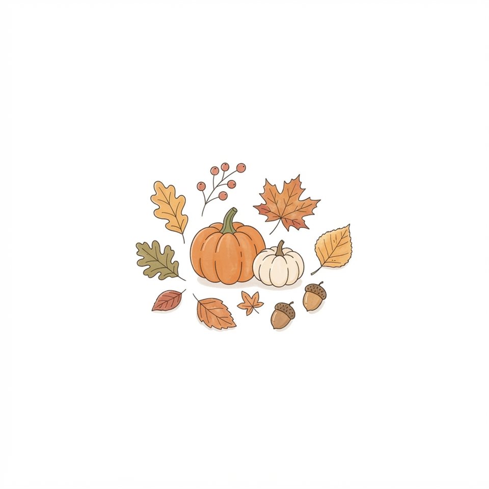Simple line art with soft colors on a plain white background of autumn leaves, acorns and pumpkins, small set of several items arranged neatly, warm golden light, calm mood, 1:1 aspect ratio