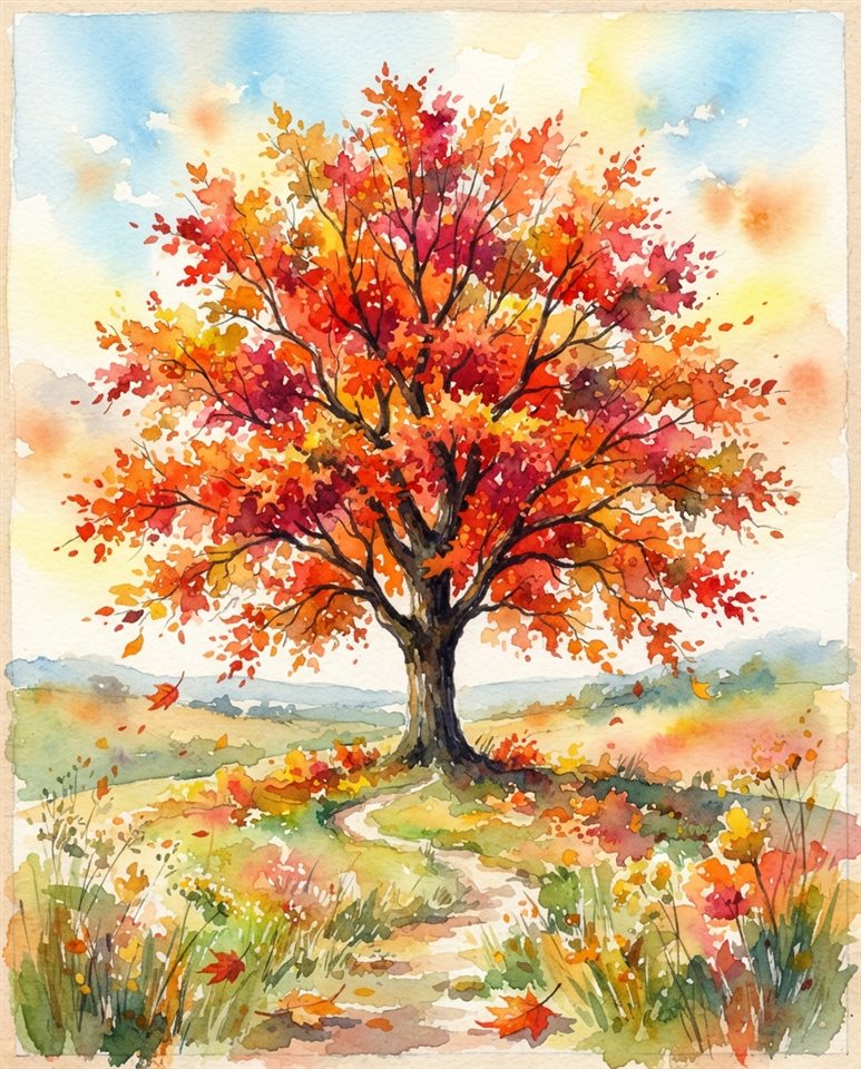 Ilustración en acuarela de árboles de otoño con hojas rojas y naranjas, sujeto centrado con una composición simple y despejada, colores vivos, alto contraste, enérgico, relación de aspecto 4:5
