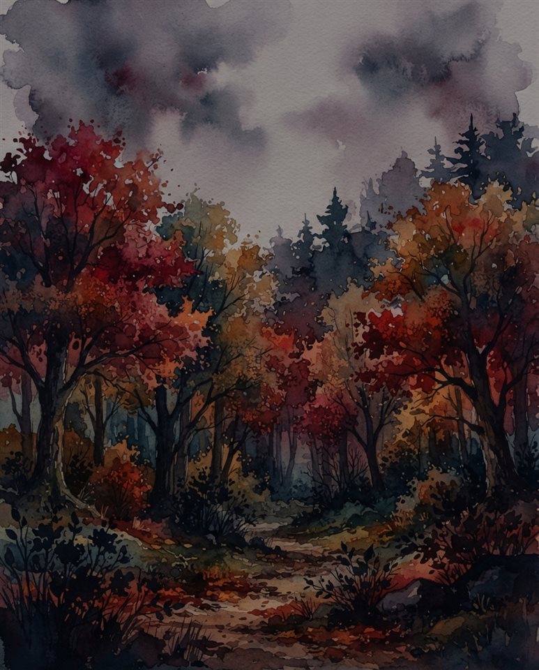 染上紅與橘色的秋樹水彩插畫，上方留有文字空間的寬景構圖，神祕暗色調，戲劇化光影，4:5比例