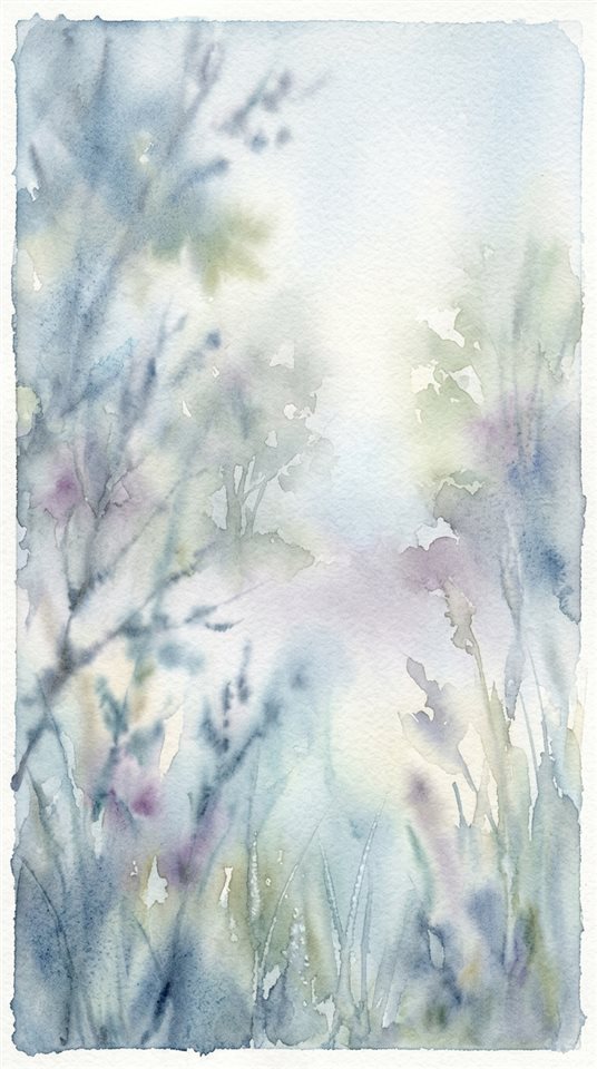 Ilustração em aquarela de fundo abstrato suave, detalhe em close-up com profundidade de campo rasa, neblina matinal, sonhador, proporção 9:16