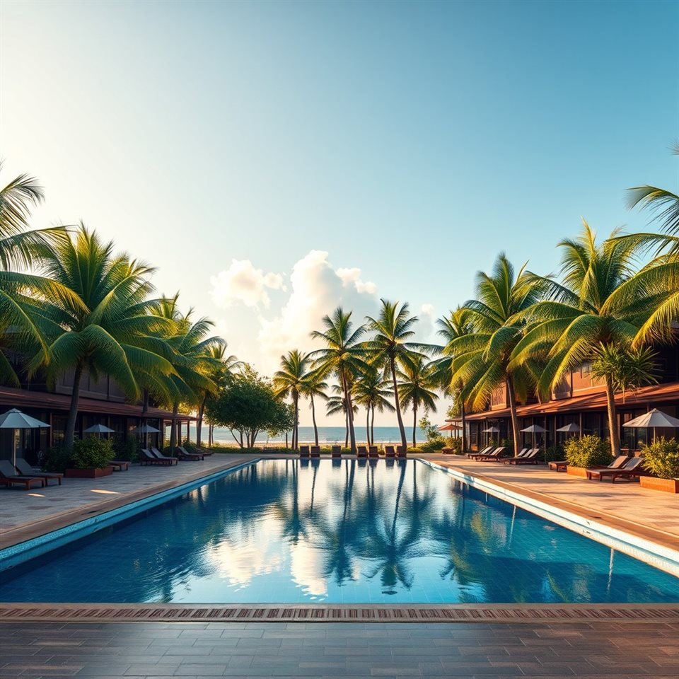 Photorealistic photo of A tranquil tropical resort swimming pool overlooking lush green palm trees and a sunny sky, centered subject with a simple uncluttered composition, warm golden light, calm mood, 1:1 aspect ratio
