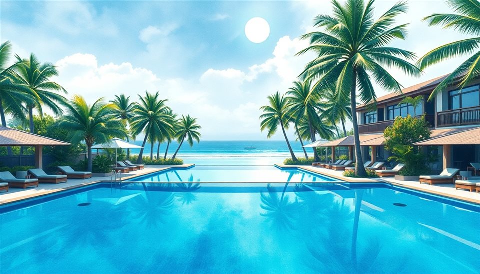 Watercolor illustration of A tranquil tropical resort swimming pool overlooking lush green palm trees and a sunny sky, high-angle view from above, cool blue tones, quiet atmosphere, 16:9 aspect ratio