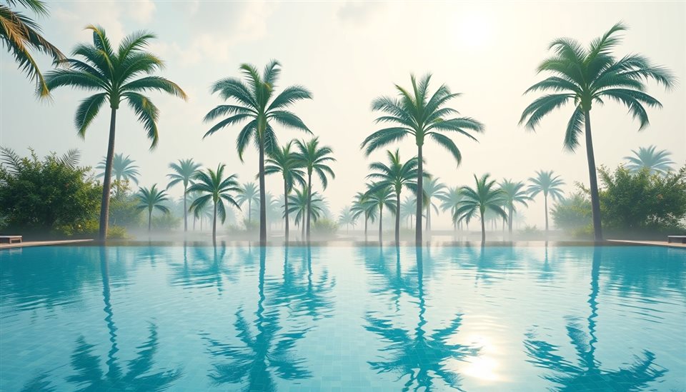 Soft 3D render of A tranquil tropical resort swimming pool overlooking lush green palm trees and a sunny sky, wide shot with open space at the top for text, misty morning haze, dreamy, 16:9 aspect ratio
