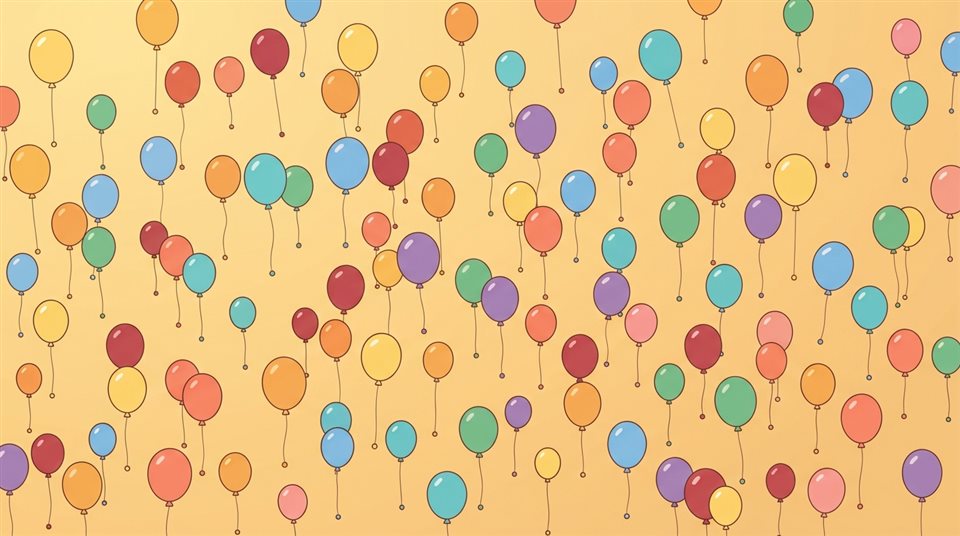 Ilustración plana minimalista de globos coloridos, vista en ángulo picado desde arriba, luz dorada cálida, ambiente sereno, relación de aspecto 16:9