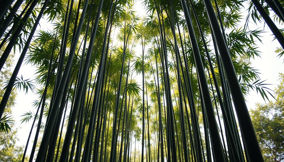 Cinematic film still of Tall, straight green bamboo stalks reaching upward, creating a peaceful and natural canopy with filtered sunlight., centered subject with a simple uncluttered composition, vivid colors, high contrast, energetic, 16:9 aspect ratio