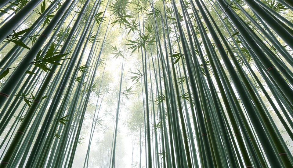 Soft 3D render of Tall, straight green bamboo stalks reaching upward, creating a peaceful and natural canopy with filtered sunlight., high-angle view from above, misty morning haze, dreamy, 16:9 aspect ratio