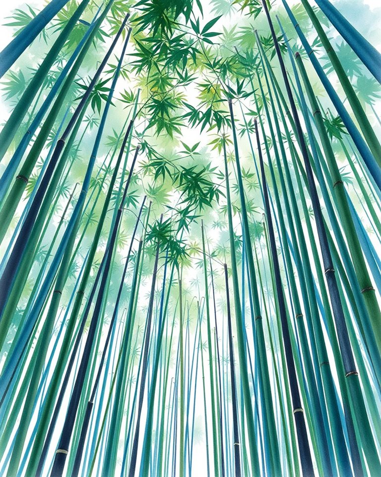 Watercolor illustration of Tall, straight green bamboo stalks reaching upward, creating a peaceful and natural canopy with filtered sunlight., wide shot with open space at the top for text, cool blue tones, quiet atmosphere, 4:5 aspect ratio