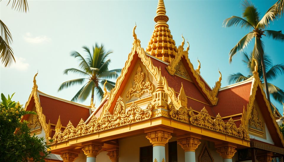 Photorealistic photo of An ornate traditional temple golden roof spire gleaming under a bright tropical afternoon sky., close-up detail with shallow depth of field, warm golden light, calm mood, 16:9 aspect ratio
