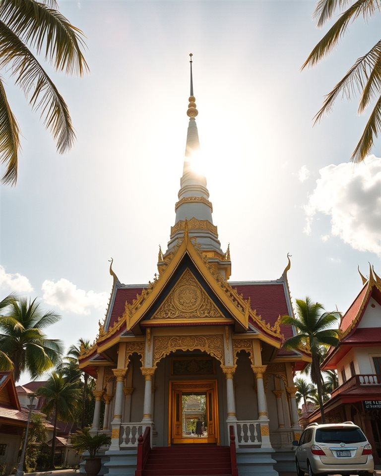 Cinematic film still of An ornate traditional temple golden roof spire gleaming under a bright tropical afternoon sky., centered subject with a simple uncluttered composition, vivid colors, high contrast, energetic, 4:5 aspect ratio