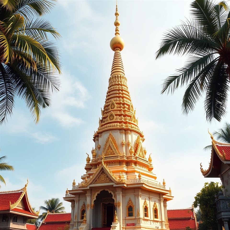 Soft 3D render of An ornate traditional temple golden roof spire gleaming under a bright tropical afternoon sky., high-angle view from above, misty morning haze, dreamy, 1:1 aspect ratio