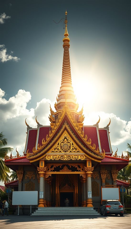 Photorealistic photo of An ornate traditional temple golden roof spire gleaming under a bright tropical afternoon sky., wide shot with open space at the top for text, moody dark tones, dramatic lighting, 9:16 aspect ratio