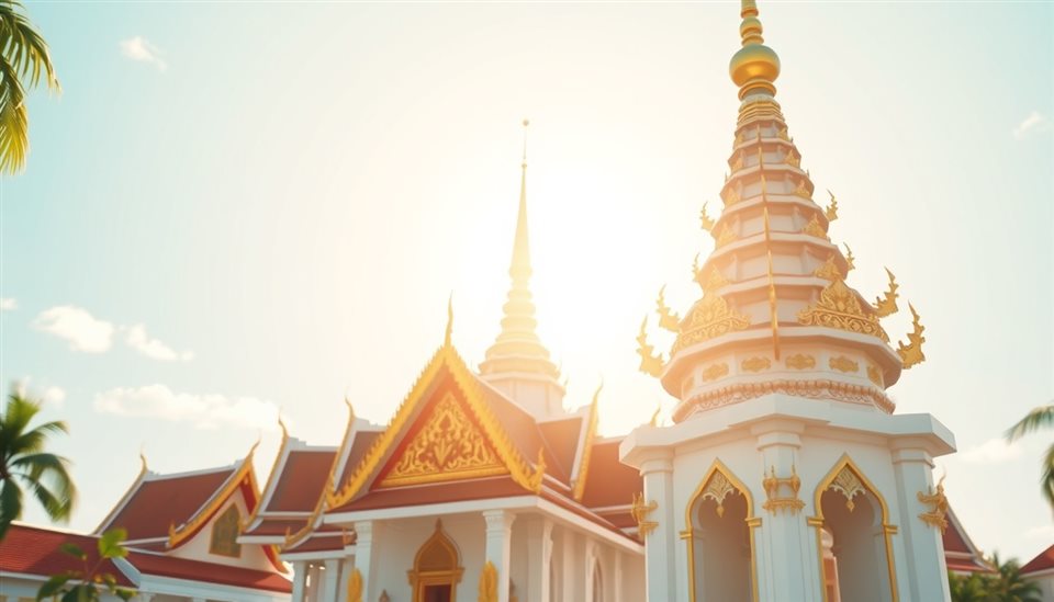Minimal flat illustration of An ornate traditional temple golden roof spire gleaming under a bright tropical afternoon sky., close-up detail with shallow depth of field, soft pastel colors, bright and cozy, 16:9 aspect ratio
