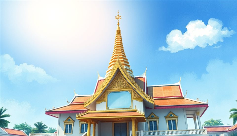Watercolor illustration of An ornate traditional temple golden roof spire gleaming under a bright tropical afternoon sky., wide shot with open space at the top for text, cool blue tones, quiet atmosphere, 16:9 aspect ratio