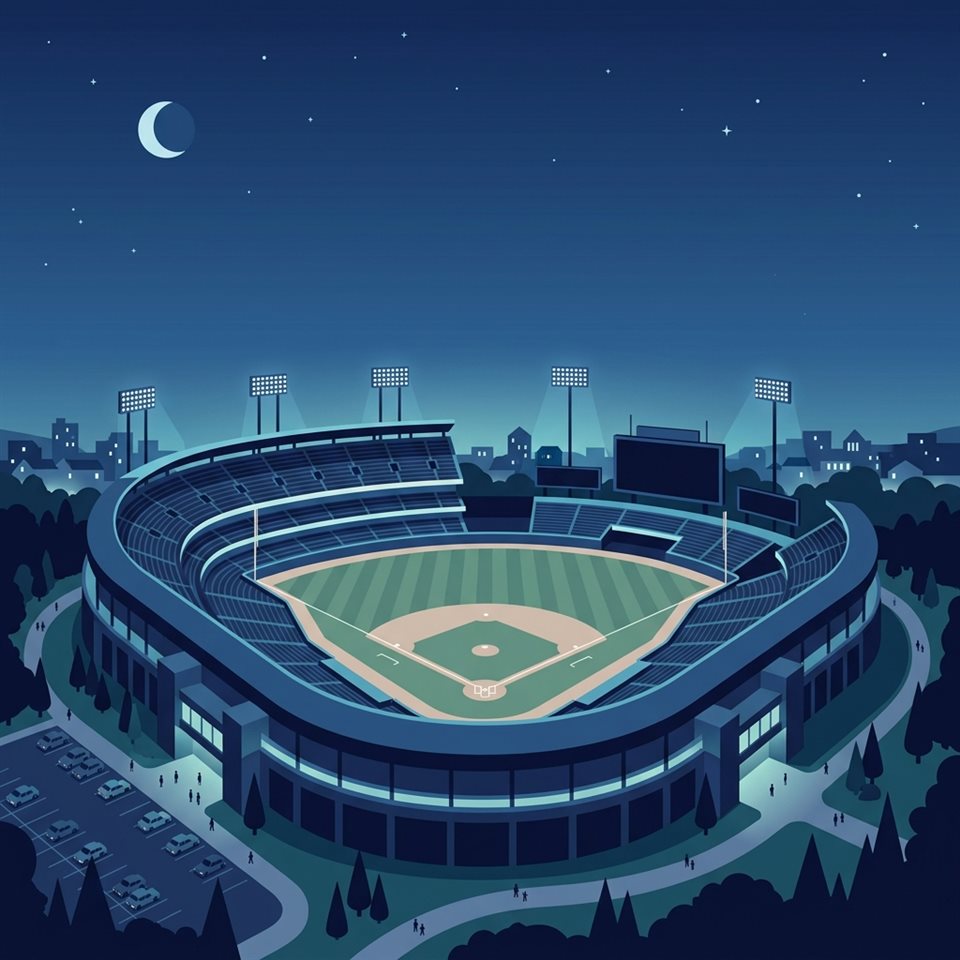 Ilustración plana minimalista de un estadio de béisbol por la noche, plano general con espacio abierto en la parte superior para texto, tonos azules fríos, atmósfera silenciosa, relación de aspecto 1:1
