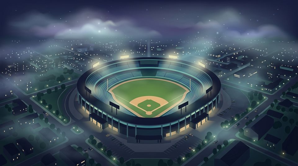 Ilustración plana minimalista de un estadio de béisbol por la noche, vista de ángulo picado desde arriba, neblina matutina, de sueño, relación de aspecto 16:9