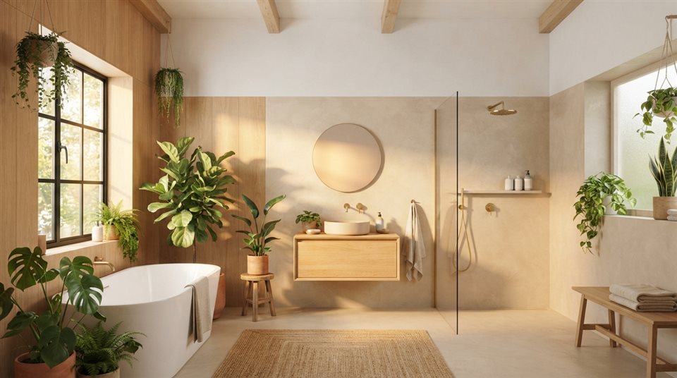 Photorealistic photo of a minimal bathroom with plants, wide shot with open space at the top for text, warm golden light, calm mood, 16:9 aspect ratio