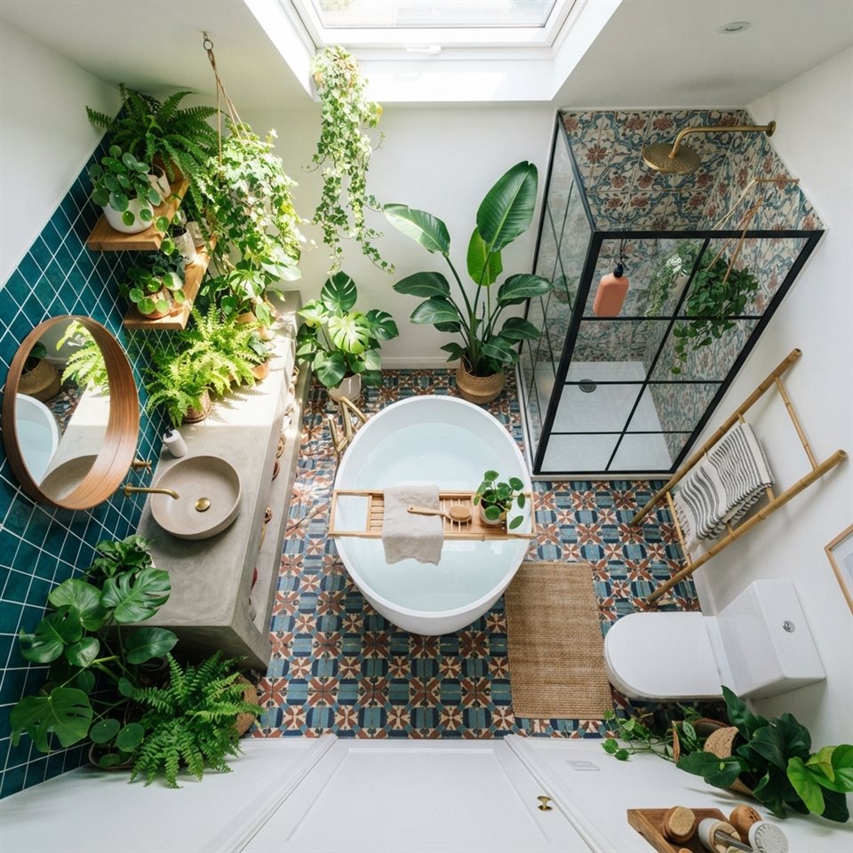 Photorealistic photo of a minimal bathroom with plants, high-angle view from above, vivid colors, high contrast, energetic, 1:1 aspect ratio