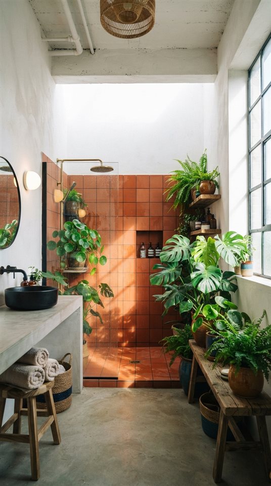 Cinematic film still of a minimal bathroom with plants, wide shot with open space at the top for text, vivid colors, high contrast, energetic, 9:16 aspect ratio