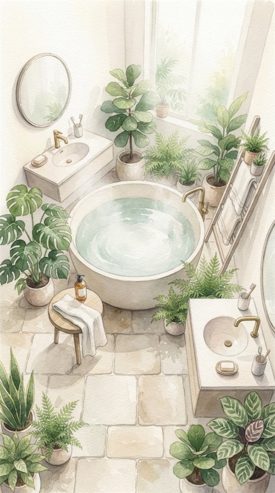 Watercolor illustration of a minimal bathroom with plants, high-angle view from above, misty morning haze, dreamy, 9:16 aspect ratio
