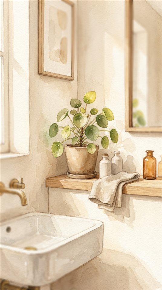 Watercolor illustration of a minimal bathroom with plants, close-up detail with shallow depth of field, warm golden light, calm mood, 9:16 aspect ratio