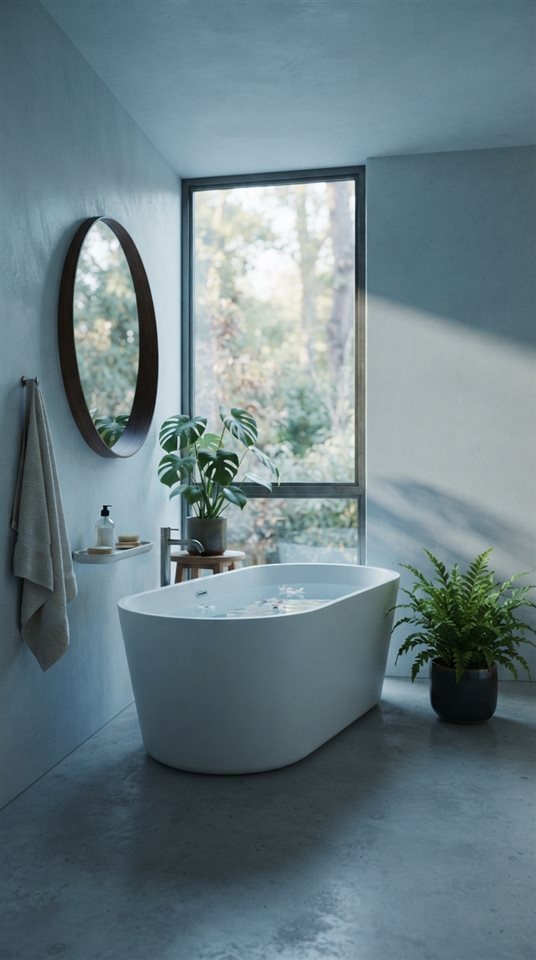 Cinematic film still of a minimal bathroom with plants, centered subject with a simple uncluttered composition, cool blue tones, quiet atmosphere, 9:16 aspect ratio