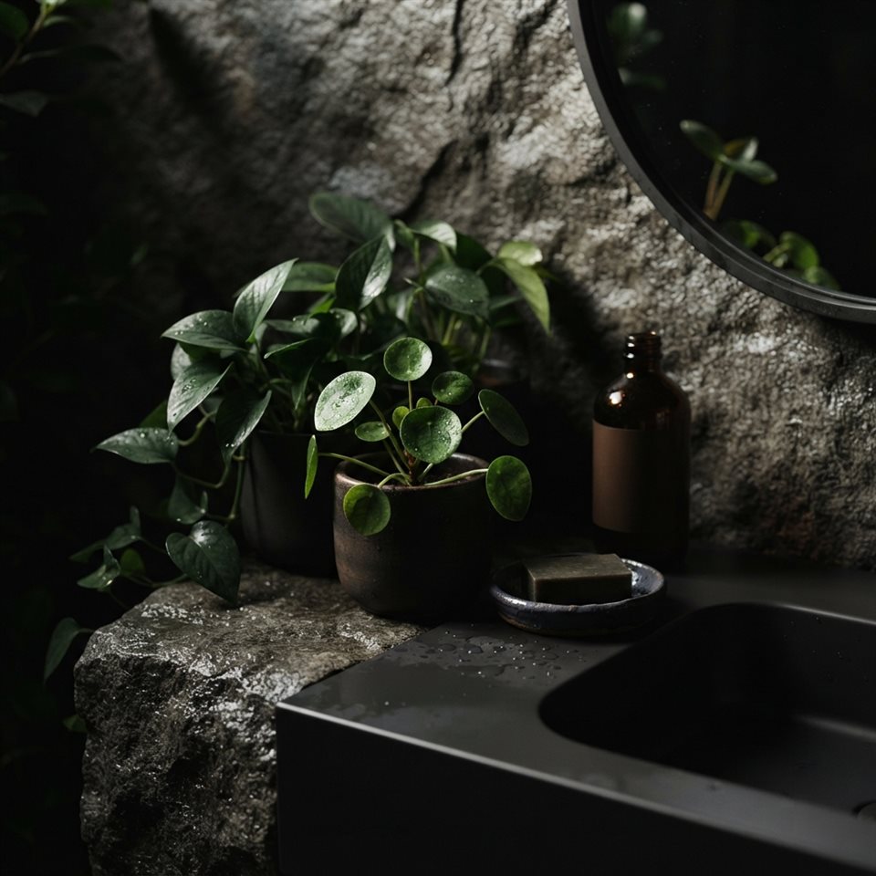 Photorealistic photo of a minimal bathroom with plants, close-up detail with shallow depth of field, moody dark tones, dramatic lighting, 1:1 aspect ratio