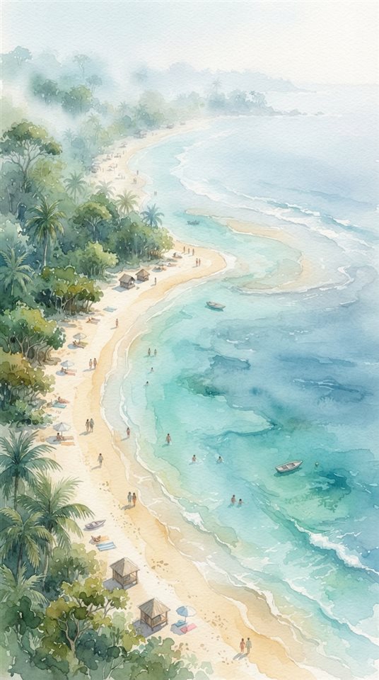 Watercolor illustration of sandy beach with clear turquoise water, high-angle view from above, misty morning haze, dreamy, 9:16 aspect ratio