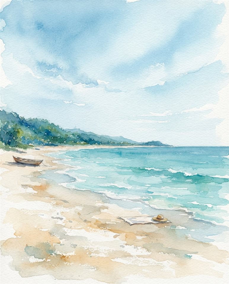 Watercolor illustration of sandy beach with clear turquoise water, wide shot with open space at the top for text, cool blue tones, quiet atmosphere, 4:5 aspect ratio