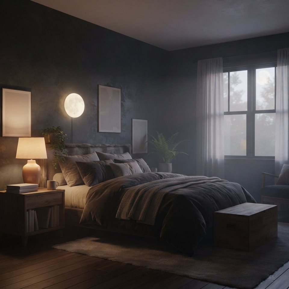 Soft 3D render of a peaceful dark bedroom at night with soft ambient lighting, wide shot with open space at the top for text, misty morning haze, dreamy, 1:1 aspect ratio