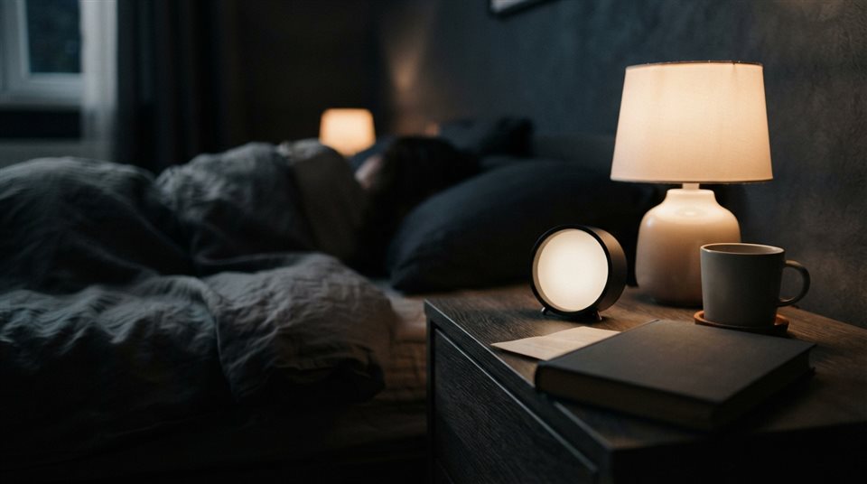 Photorealistic photo of a peaceful dark bedroom at night with soft ambient lighting, close-up detail with shallow depth of field, moody dark tones, dramatic lighting, 16:9 aspect ratio