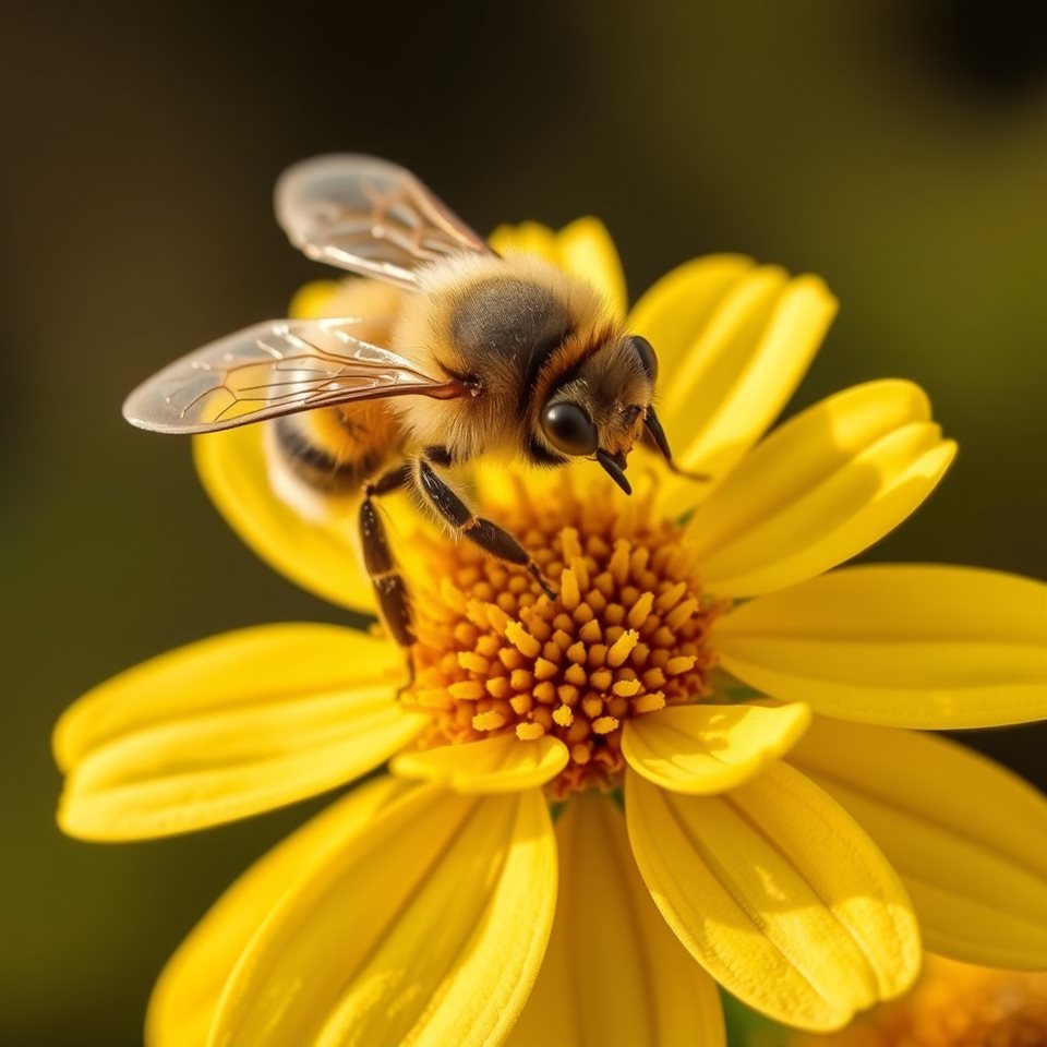 Photorealistic photo of A close-up of a fuzzy honeybee collecting nectar on a bright yellow flower, high-angle view from above, warm golden light, calm mood, 1:1 aspect ratio