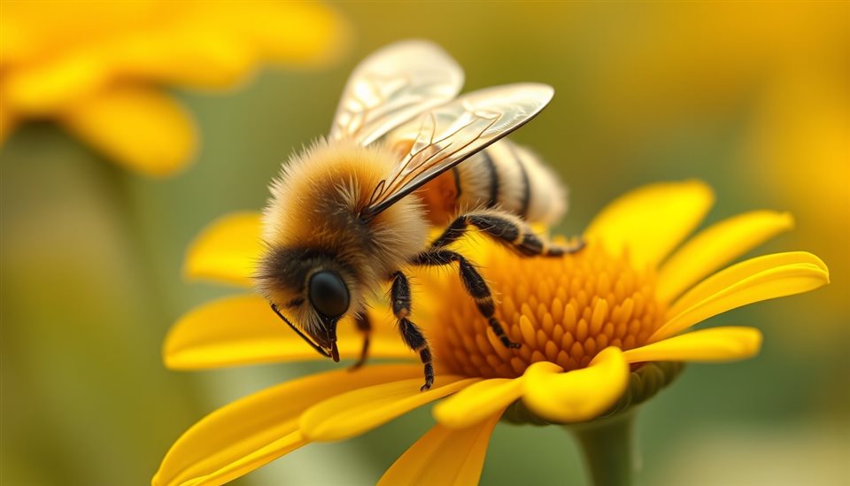 Soft 3D render of A close-up of a fuzzy honeybee collecting nectar on a bright yellow flower, close-up detail with shallow depth of field, misty morning haze, dreamy, 16:9 aspect ratio
