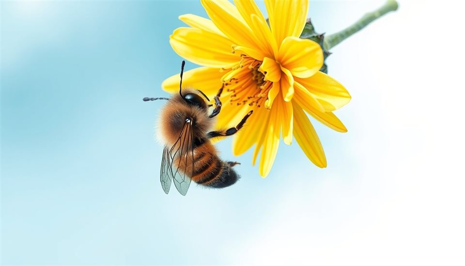 Watercolor illustration of A close-up of a fuzzy honeybee collecting nectar on a bright yellow flower, wide shot with open space at the top for text, cool blue tones, quiet atmosphere, 16:9 aspect ratio
