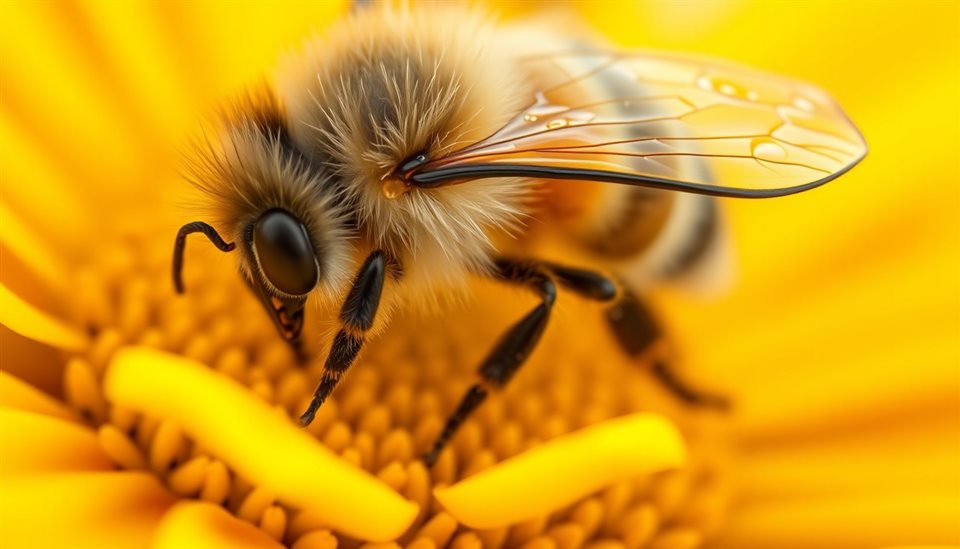 Minimal flat illustration of A close-up of a fuzzy honeybee collecting nectar on a bright yellow flower, close-up detail with shallow depth of field, soft pastel colors, bright and cozy, 16:9 aspect ratio