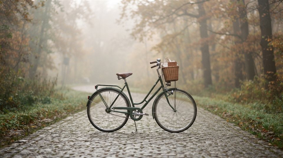 Photorealistic photo of bicycle, centered subject with a simple uncluttered composition, misty morning haze, dreamy, 16:9 aspect ratio
