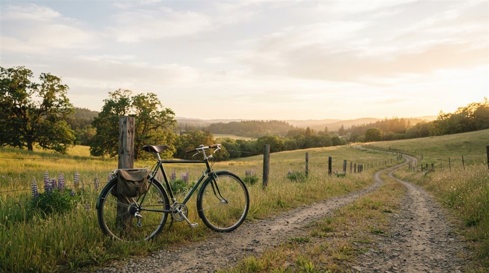 Photorealistic photo of bicycle, wide shot with open space at the top for text, warm golden light, calm mood, 16:9 aspect ratio