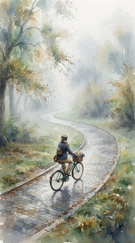 Watercolor illustration of bicycle, high-angle view from above, misty morning haze, dreamy, 9:16 aspect ratio