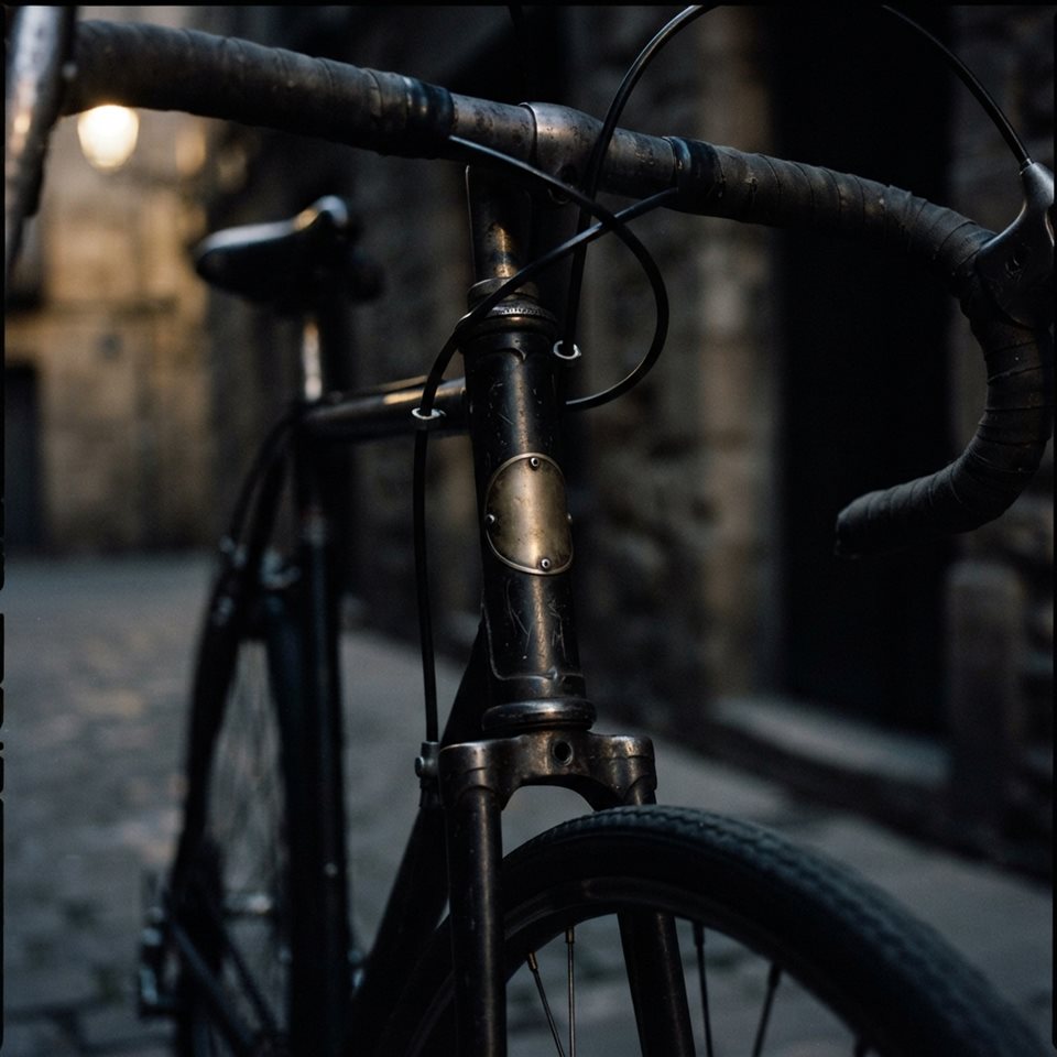 Photorealistic photo of bicycle, close-up detail with shallow depth of field, moody dark tones, dramatic lighting, 1:1 aspect ratio