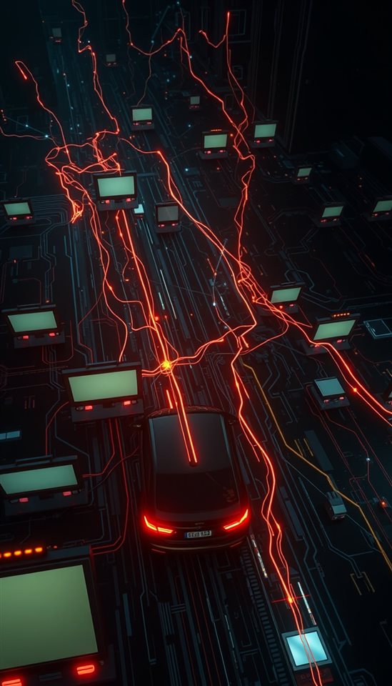 Photorealistic photo of Abstract glowing digital data streams and network connections on a dark tech background, high-angle view from above, moody dark tones, dramatic lighting, 9:16 aspect ratio