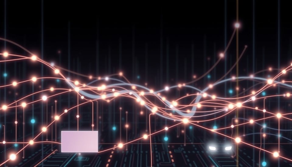 Minimal flat illustration of Abstract glowing digital data streams and network connections on a dark tech background, wide shot with open space at the top for text, soft pastel colors, bright and cozy, 16:9 aspect ratio