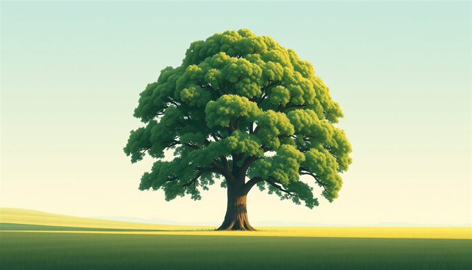 Minimal flat illustration of A massive, lush green giant tree standing alone in the middle of a vast open field, wide shot with open space at the top for text, soft pastel colors, bright and cozy, 16:9 aspect ratio