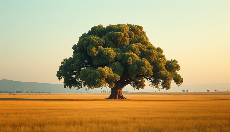 Photorealistic photo of A massive, lush green giant tree standing alone in the middle of a vast open field, wide shot with open space at the top for text, warm golden light, calm mood, 16:9 aspect ratio