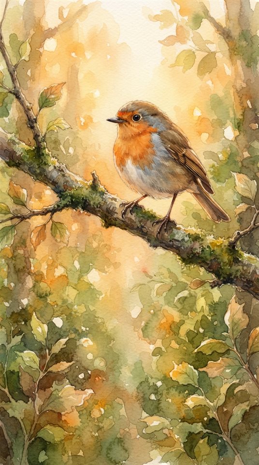 樹枝上小鳥的水彩插畫，淺景深的特寫細節，溫暖金黃光線，平靜氛圍，9:16比例