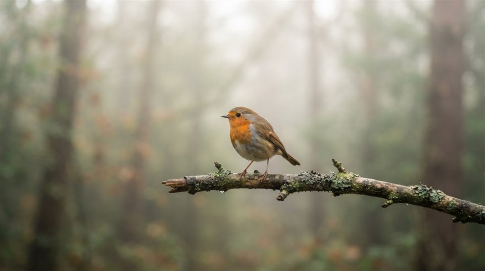 Photorealistic photo of small bird on a branch, centered subject with a simple uncluttered composition, misty morning haze, dreamy, 16:9 aspect ratio