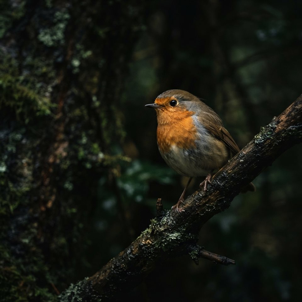 Photorealistic photo of small bird on a branch, close-up detail with shallow depth of field, moody dark tones, dramatic lighting, 1:1 aspect ratio
