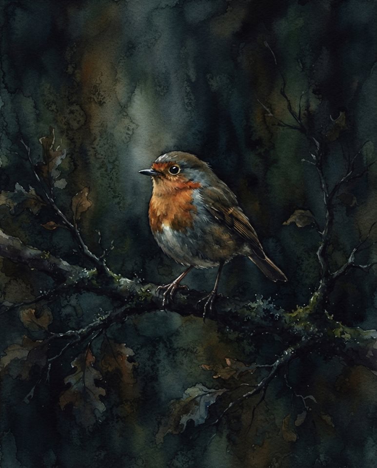 Watercolor illustration of small bird on a branch, centered subject with a simple uncluttered composition, moody dark tones, dramatic lighting, 4:5 aspect ratio
